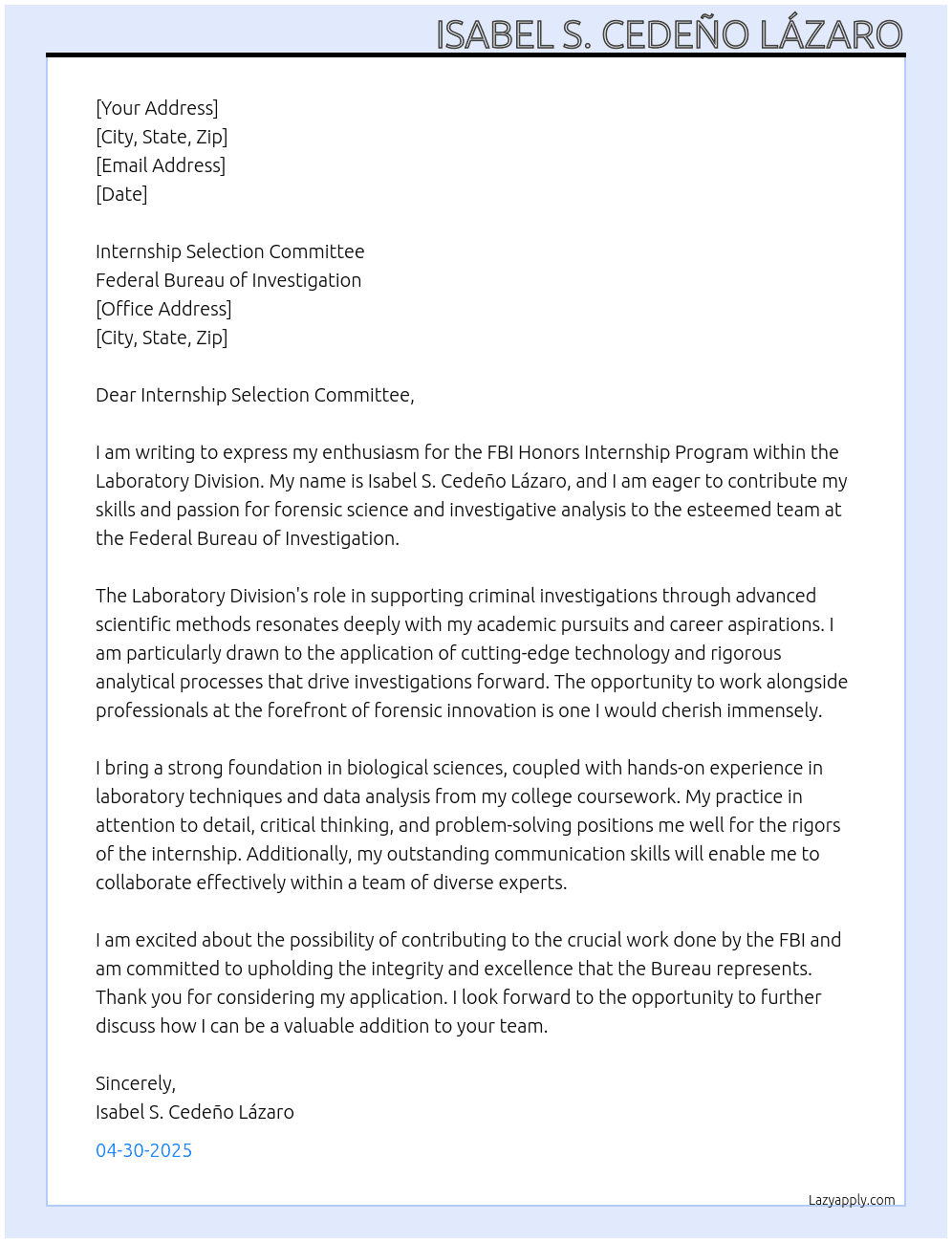 FBI Honors Internship Program, Laboratory Division At Federal Bureau of Investigation Cover Letter