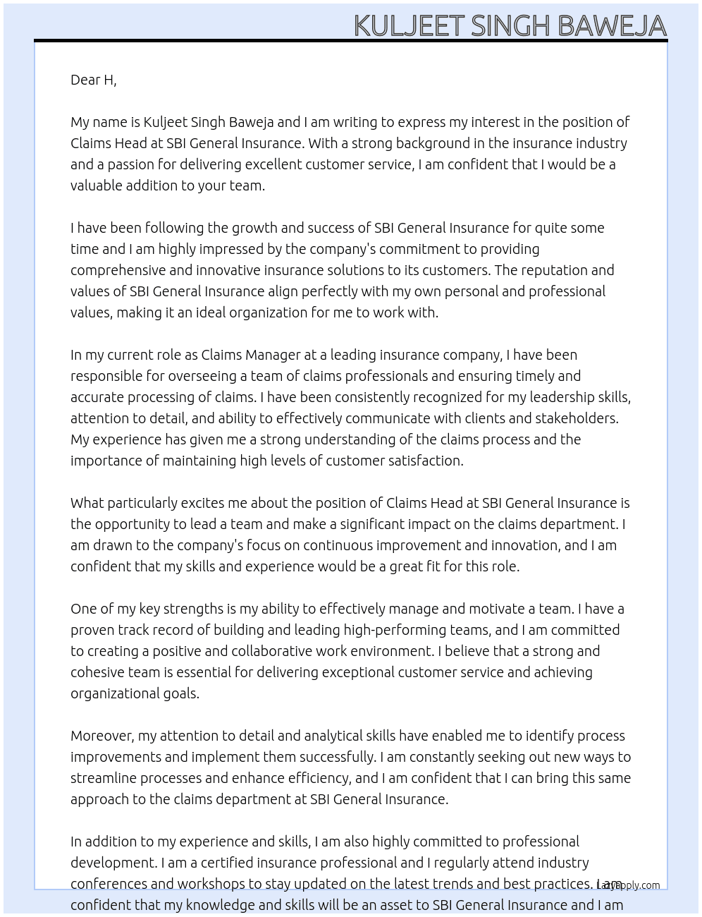 Claims Head At SBI General Insurance Cover Letter