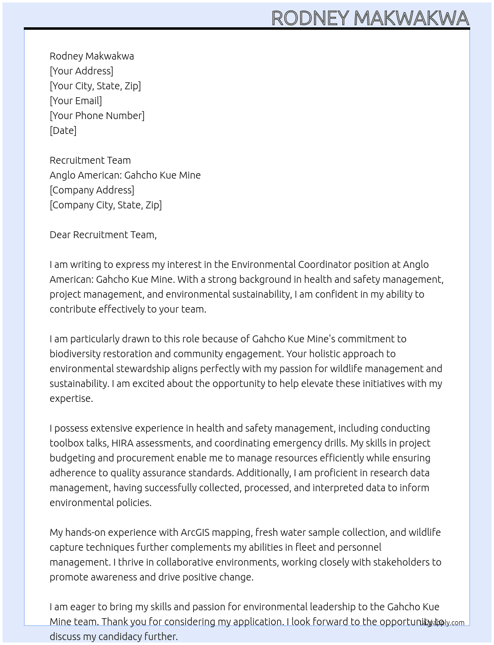 Cover letter for environmental coordinator - LazyApply