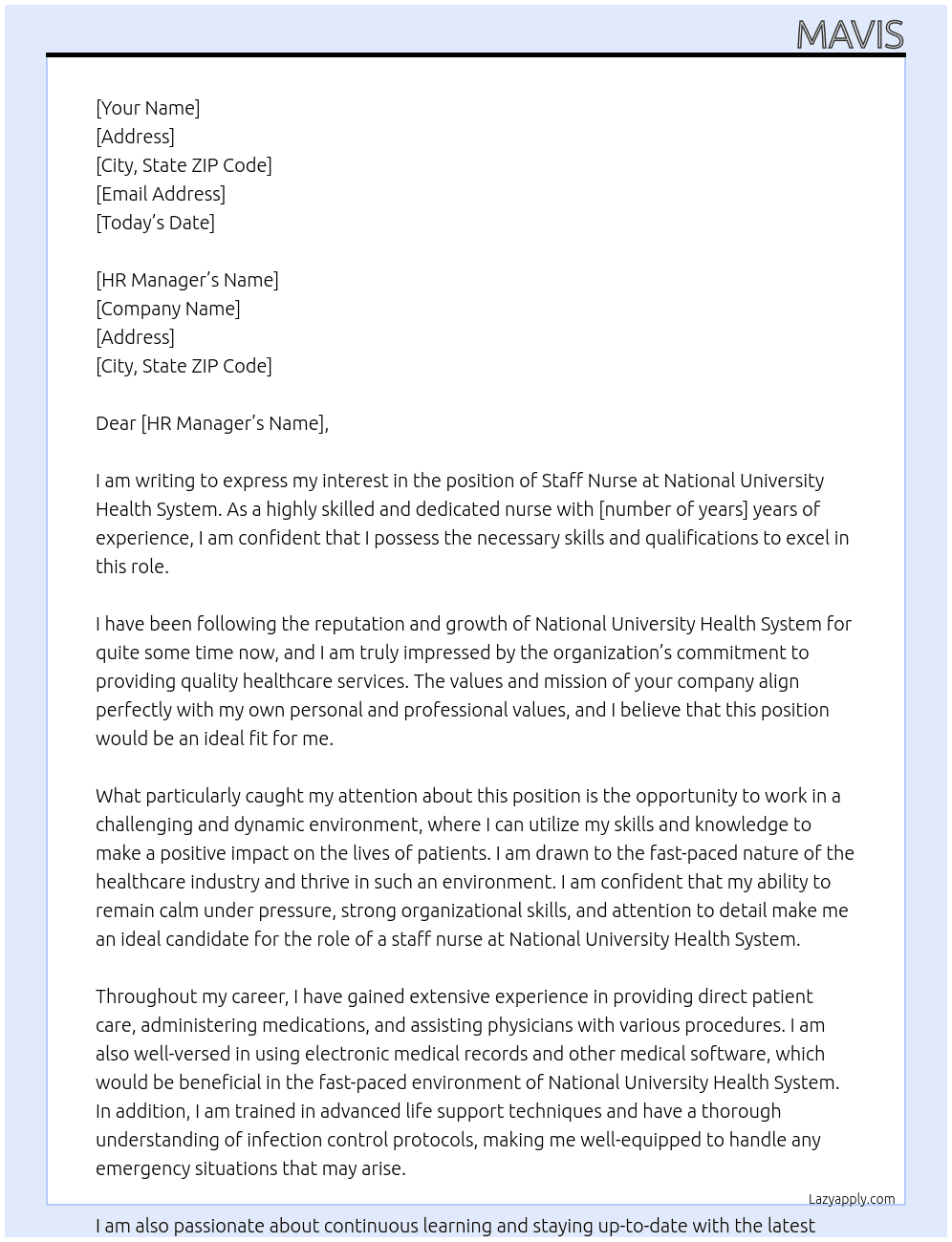staff nurse At National University Health System Cover Letter