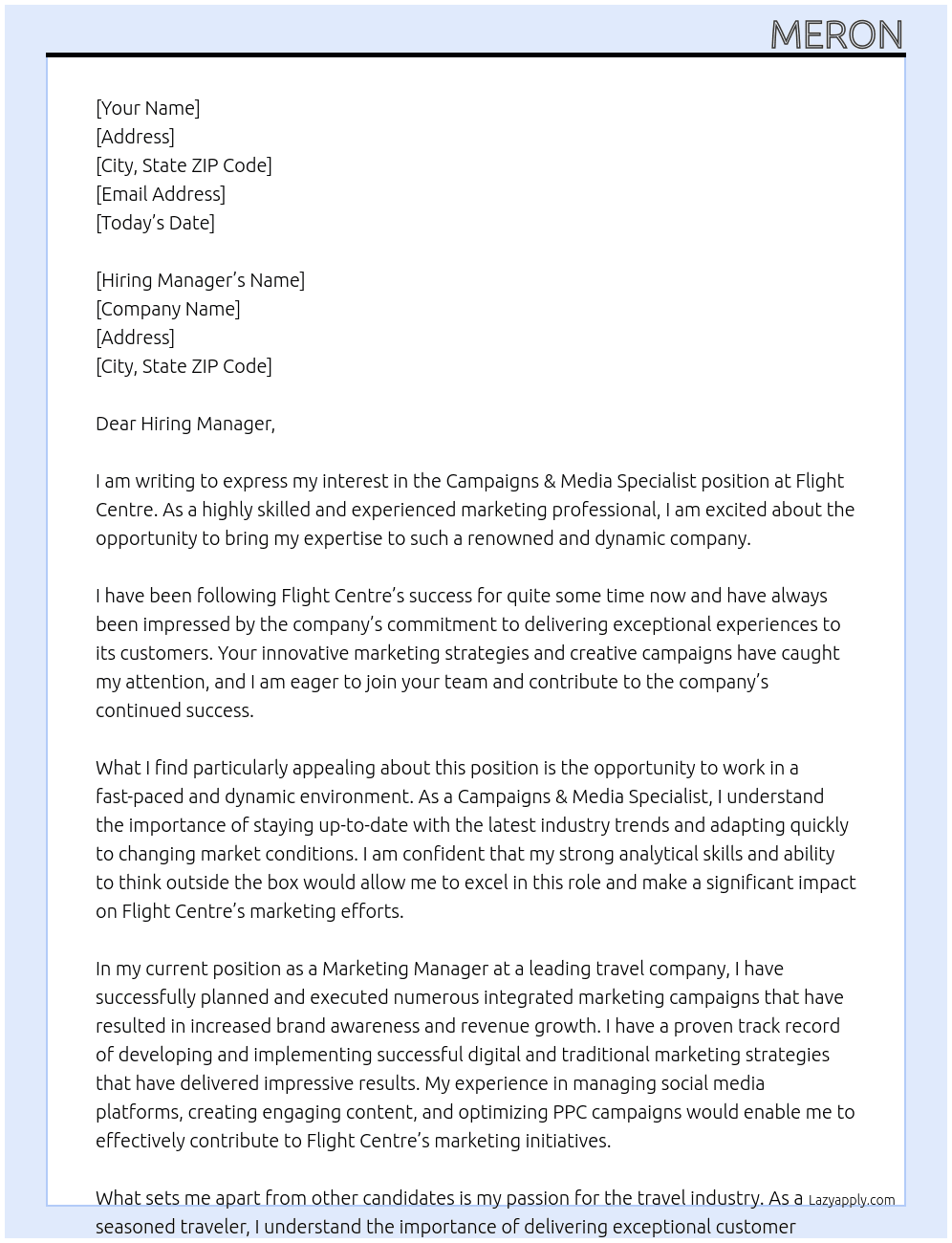 Campaigns & Media Specialist At Flight Centre Cover Letter