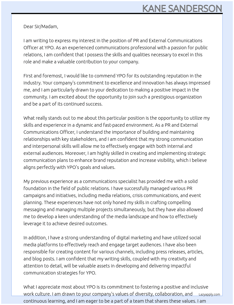 PR and External Communications Officer At YPO Cover Letter