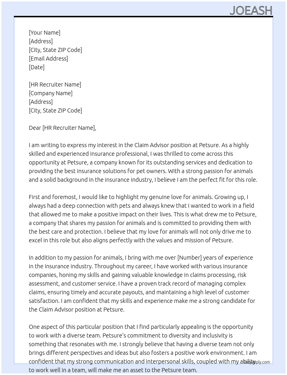 Claim advsior At Petsure Cover Letter