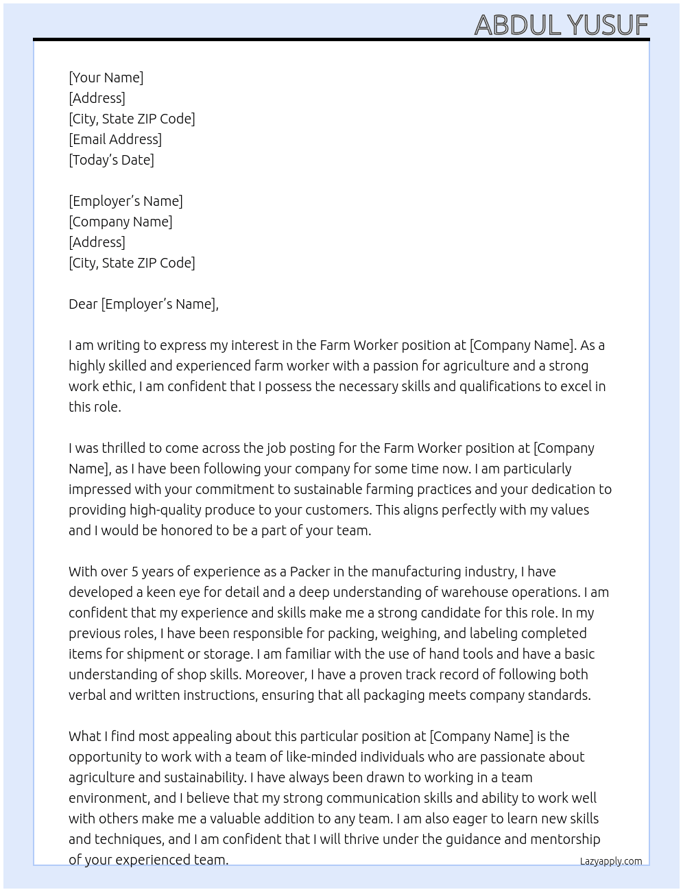 Farm worker  At Abdul Yusuf  Cover Letter