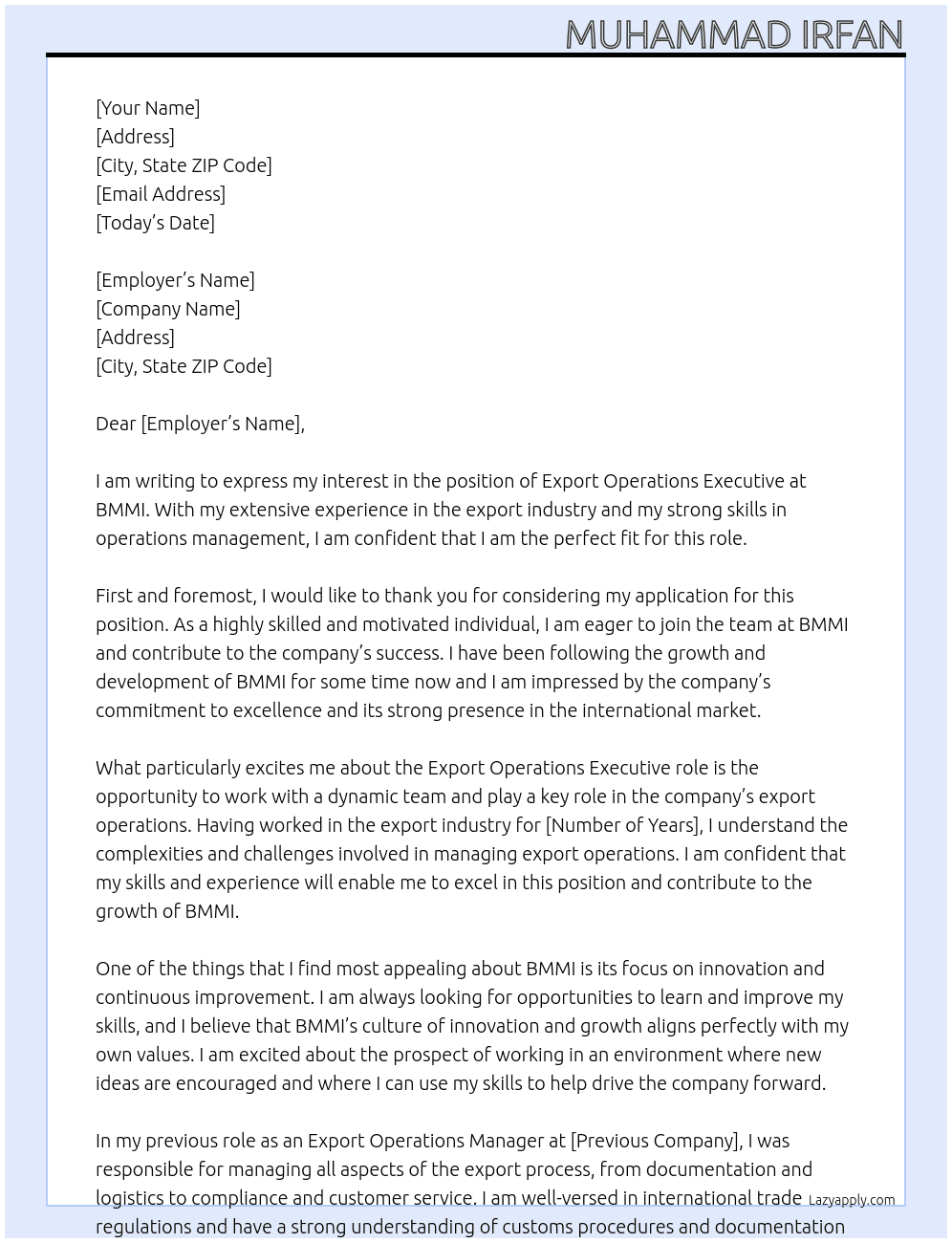 Export Operations Executive At BMMI Cover Letter