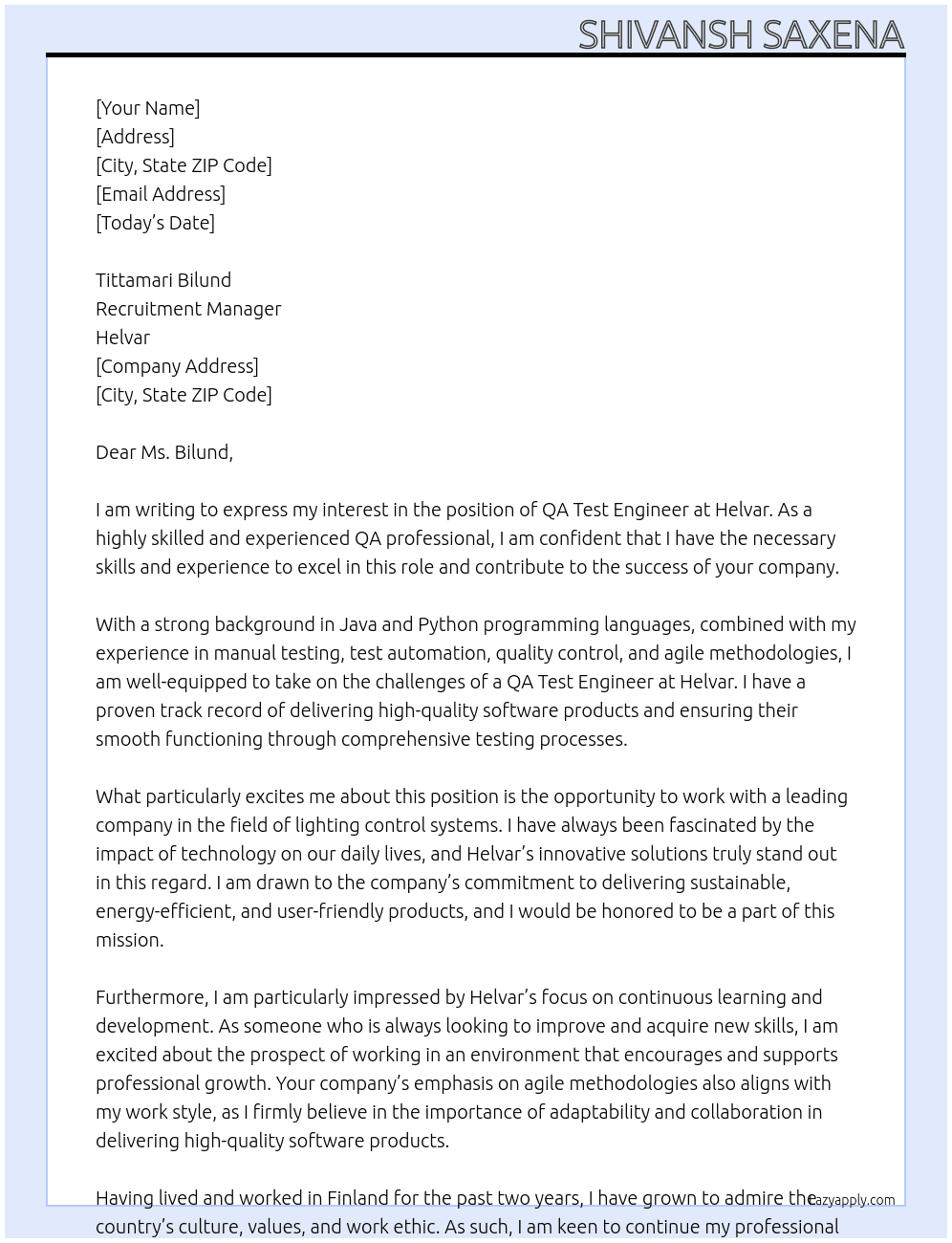QA Test Engineer At Helvar Cover Letter