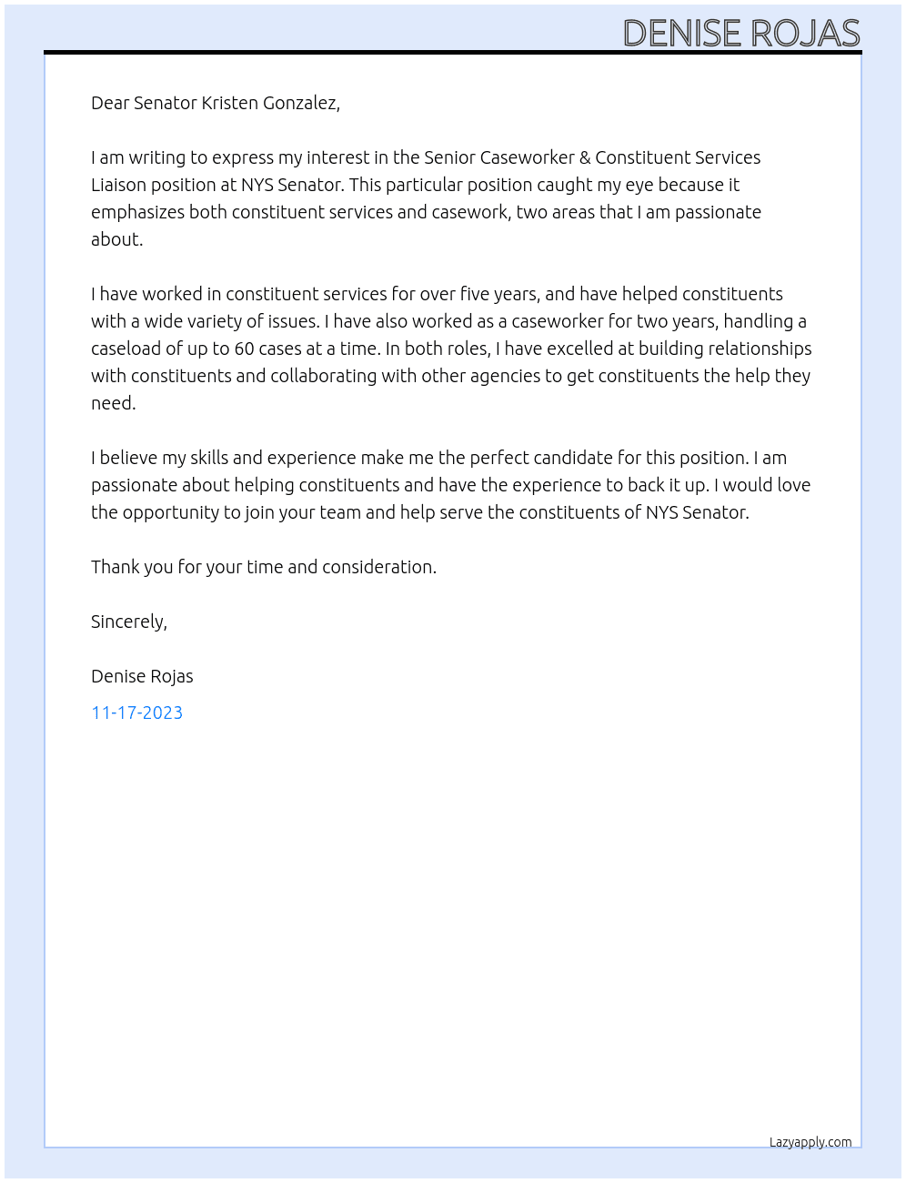 Senior Caseworker & Constituent Services Liaison At NYS Senator Cover Letter