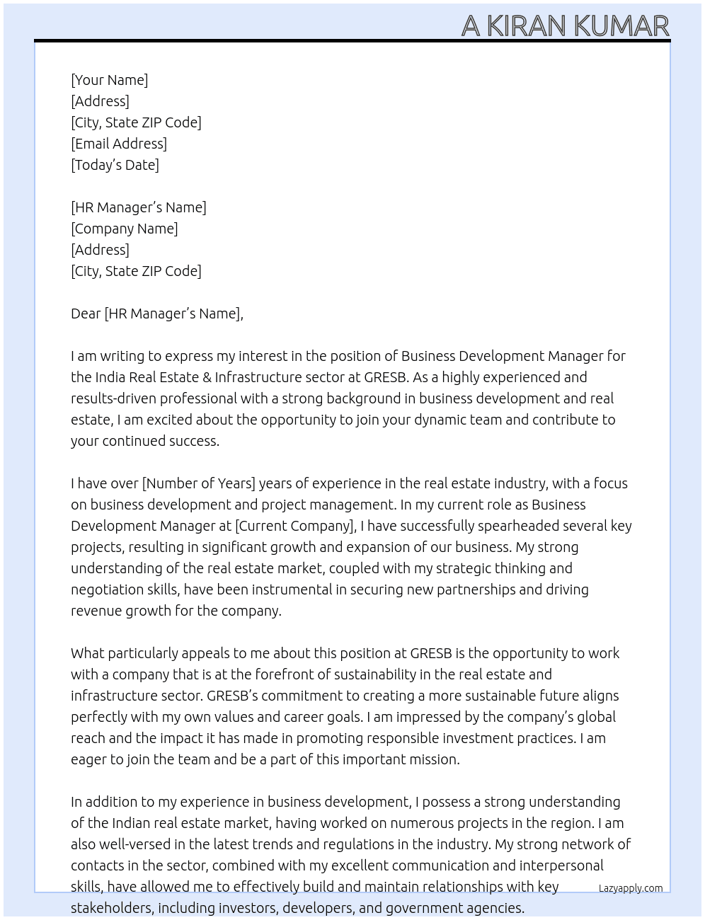 Business Development Manager, India - Real Estate & Infrastructure At GRESB  Cover Letter