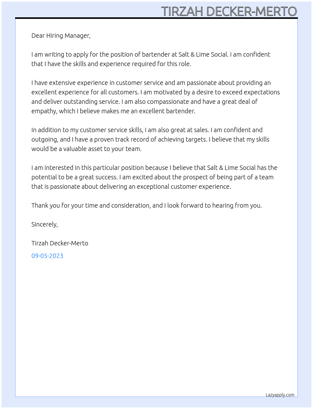 Bartender At Salt & Lime Social Cover Letter