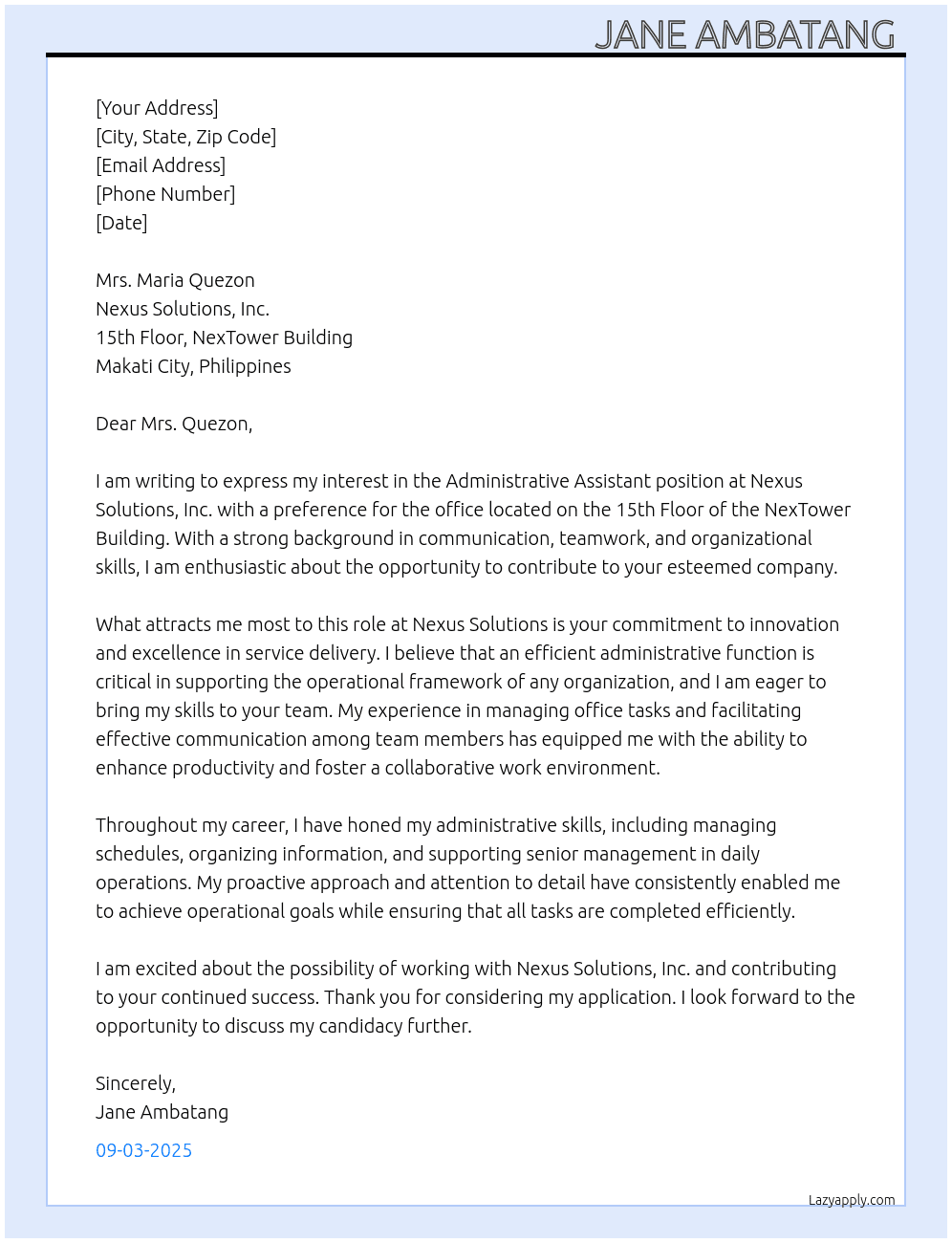 Administrative assistant  At Nexus Solutions, Inc. Cover Letter