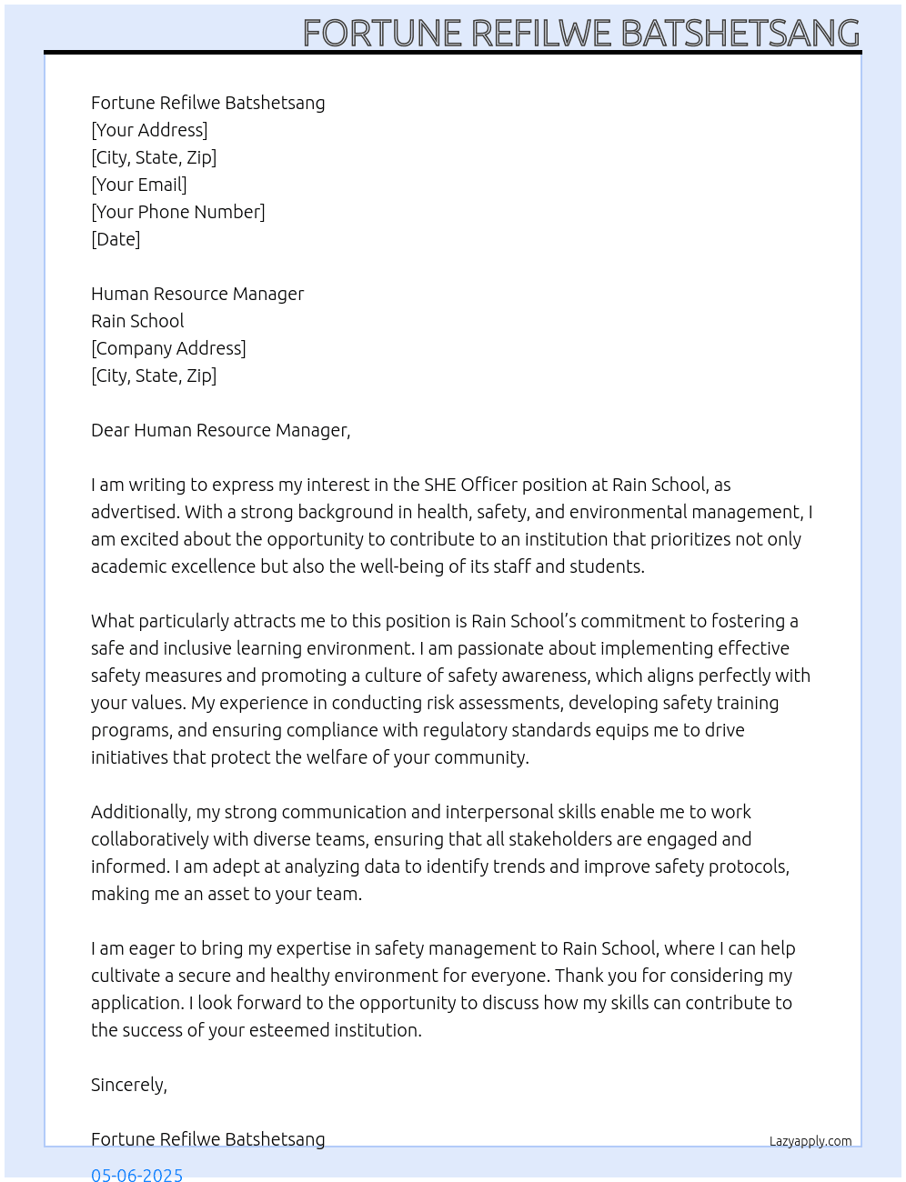 SHE Officer At Rain School Cover Letter