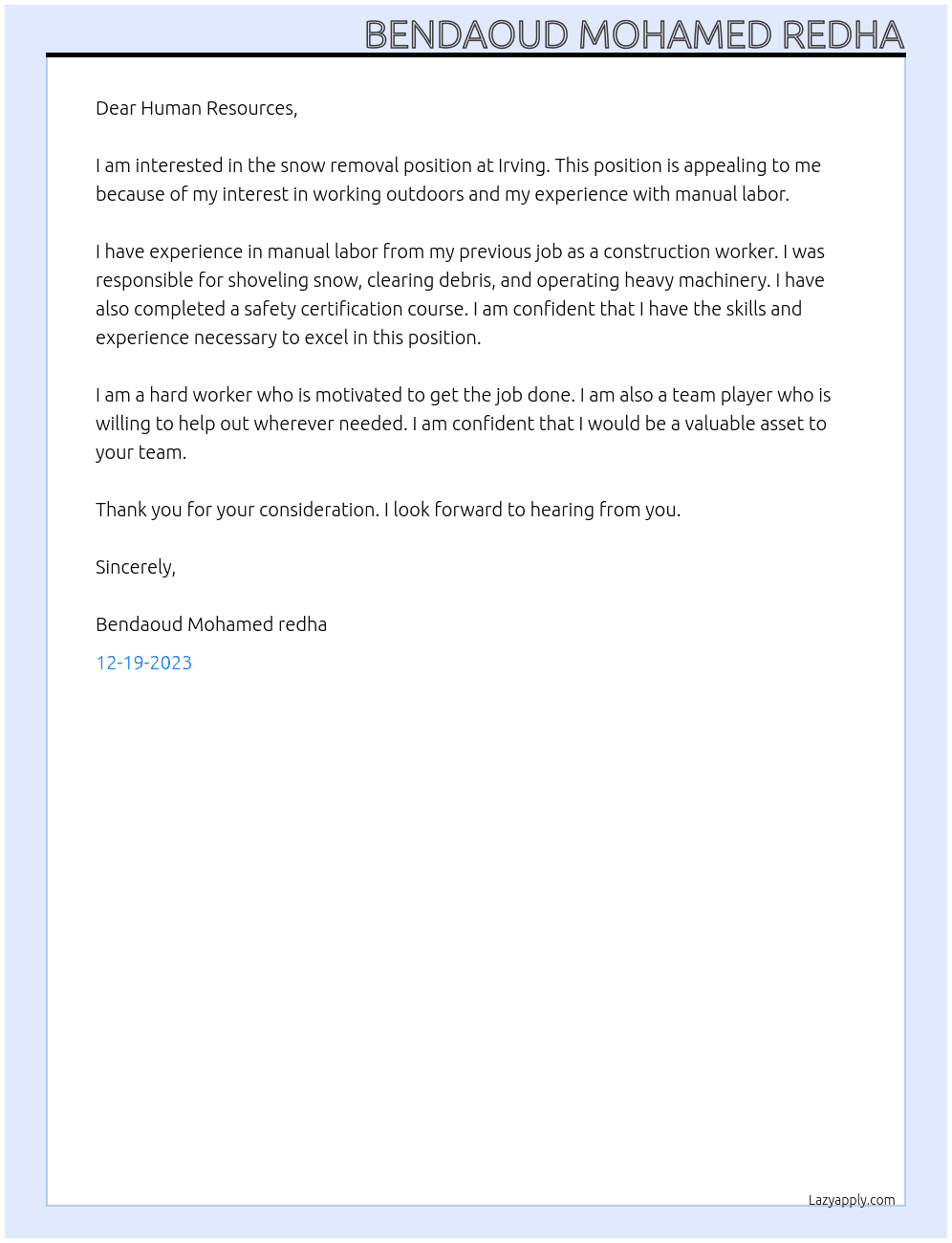 Snow removal  At Irving Cover Letter