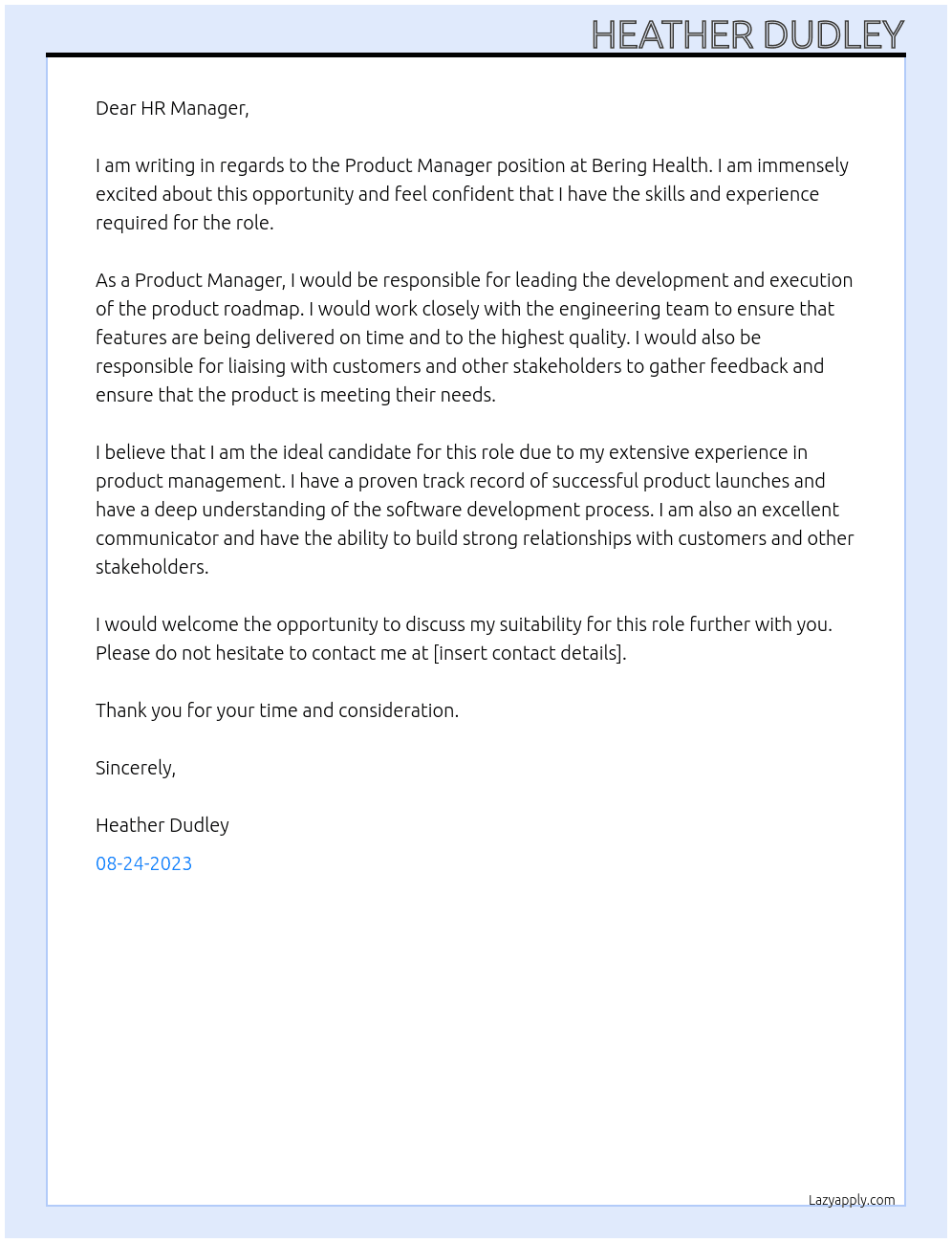 Product Manager At Bering Health Cover Letter