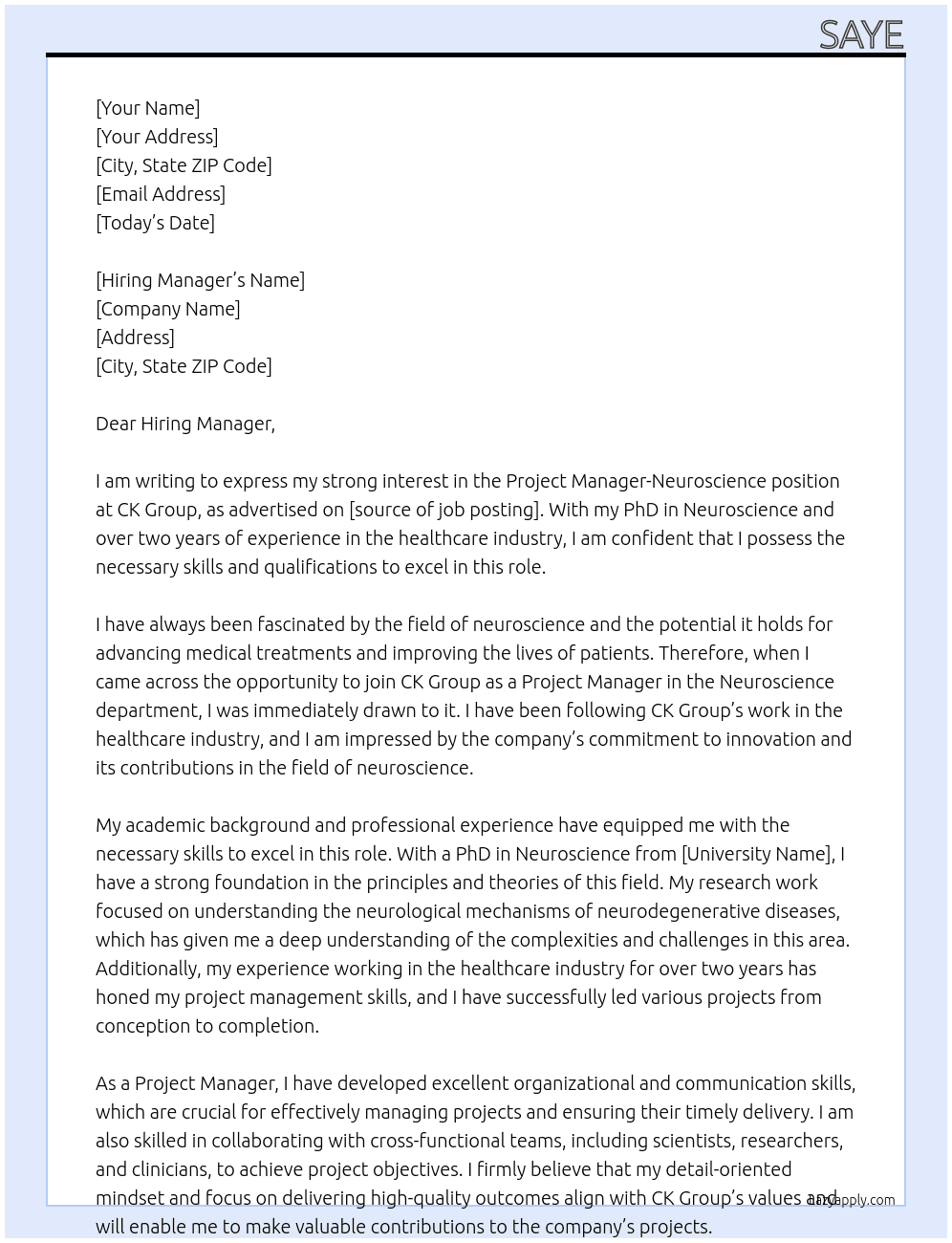 Project Manager- Neuroscience At CK Group Cover Letter