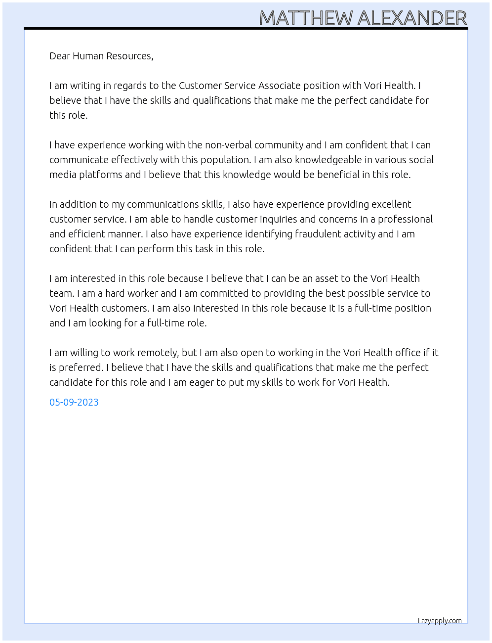 Customer Service Associate At Vori Health Cover Letter