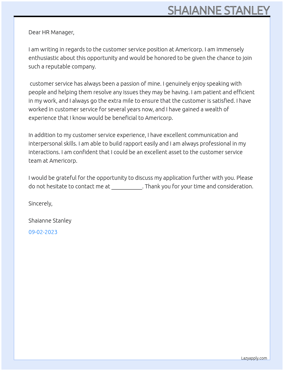 Customer service  At Americorp Cover Letter
