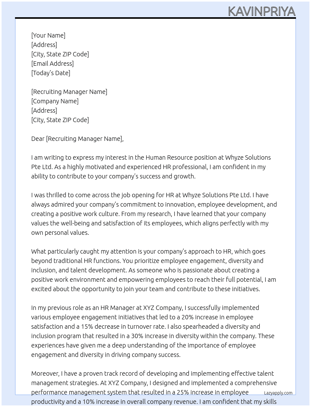 Human Resource At Whyze Solutions Pte Ltd Cover Letter