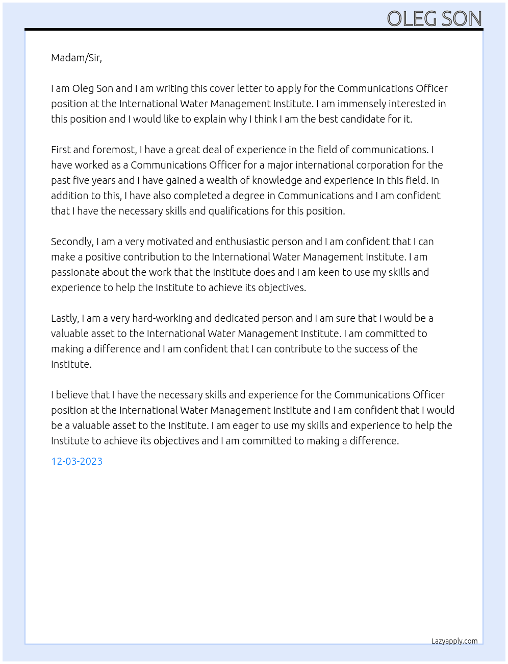 Communications Officer At International Water Management Institute Cover Letter