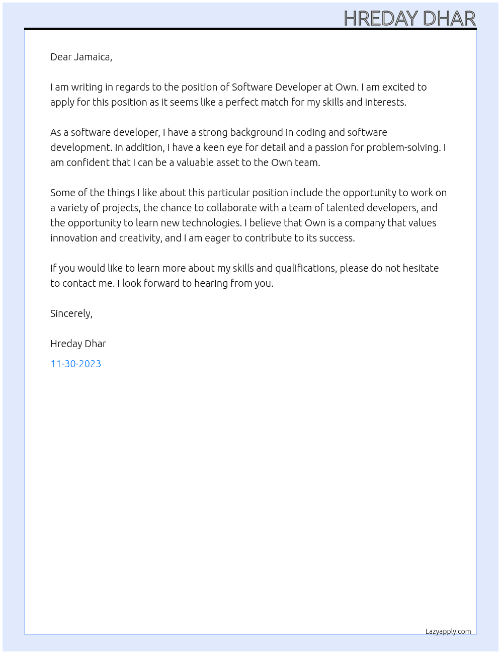 Software Developer At Own Cover Letter