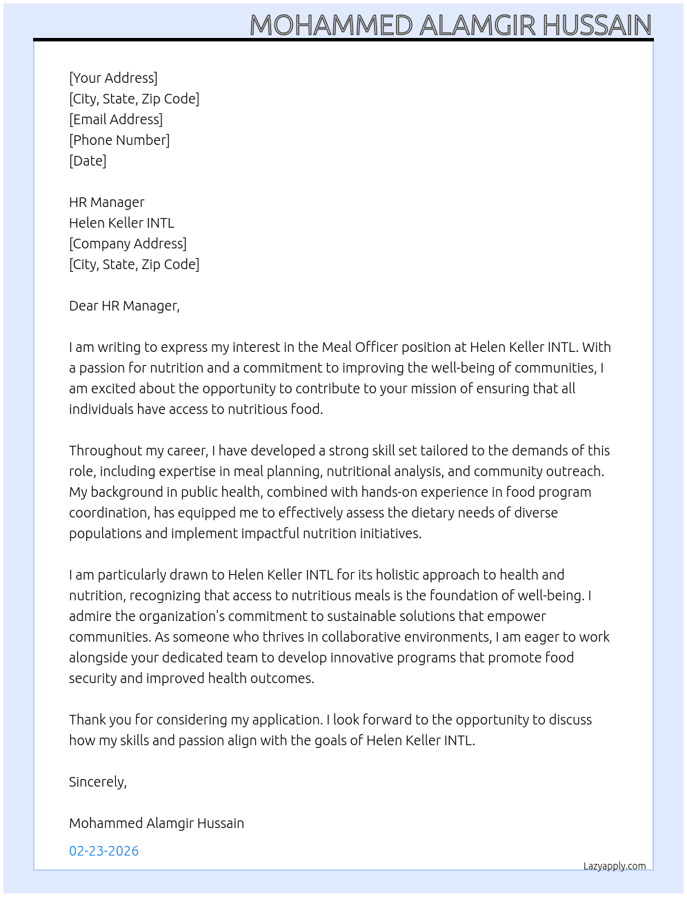 Cover letter for meal officer - LazyApply