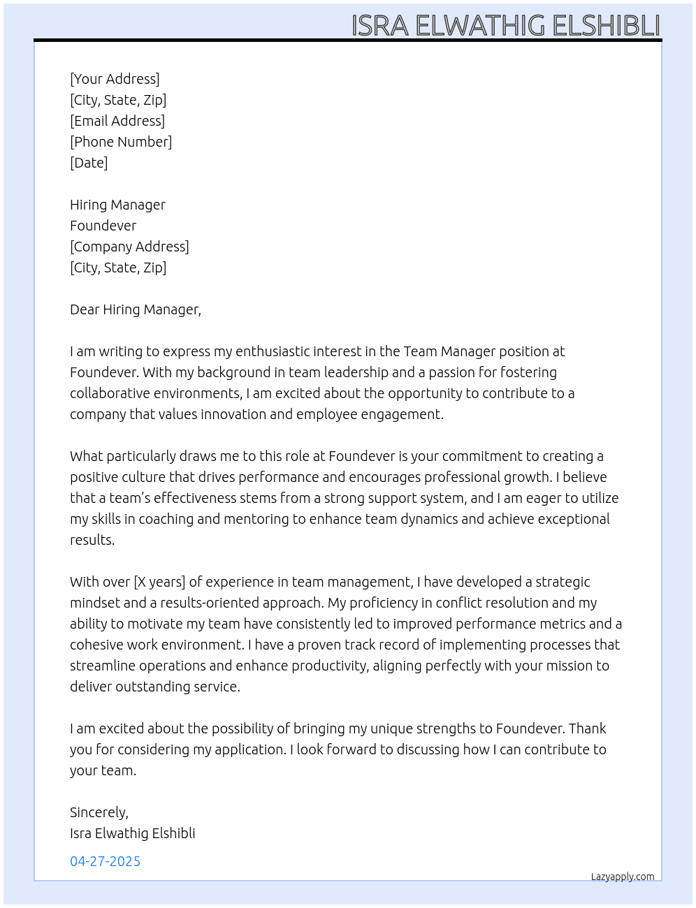 Team Manager At Foundever Cover Letter