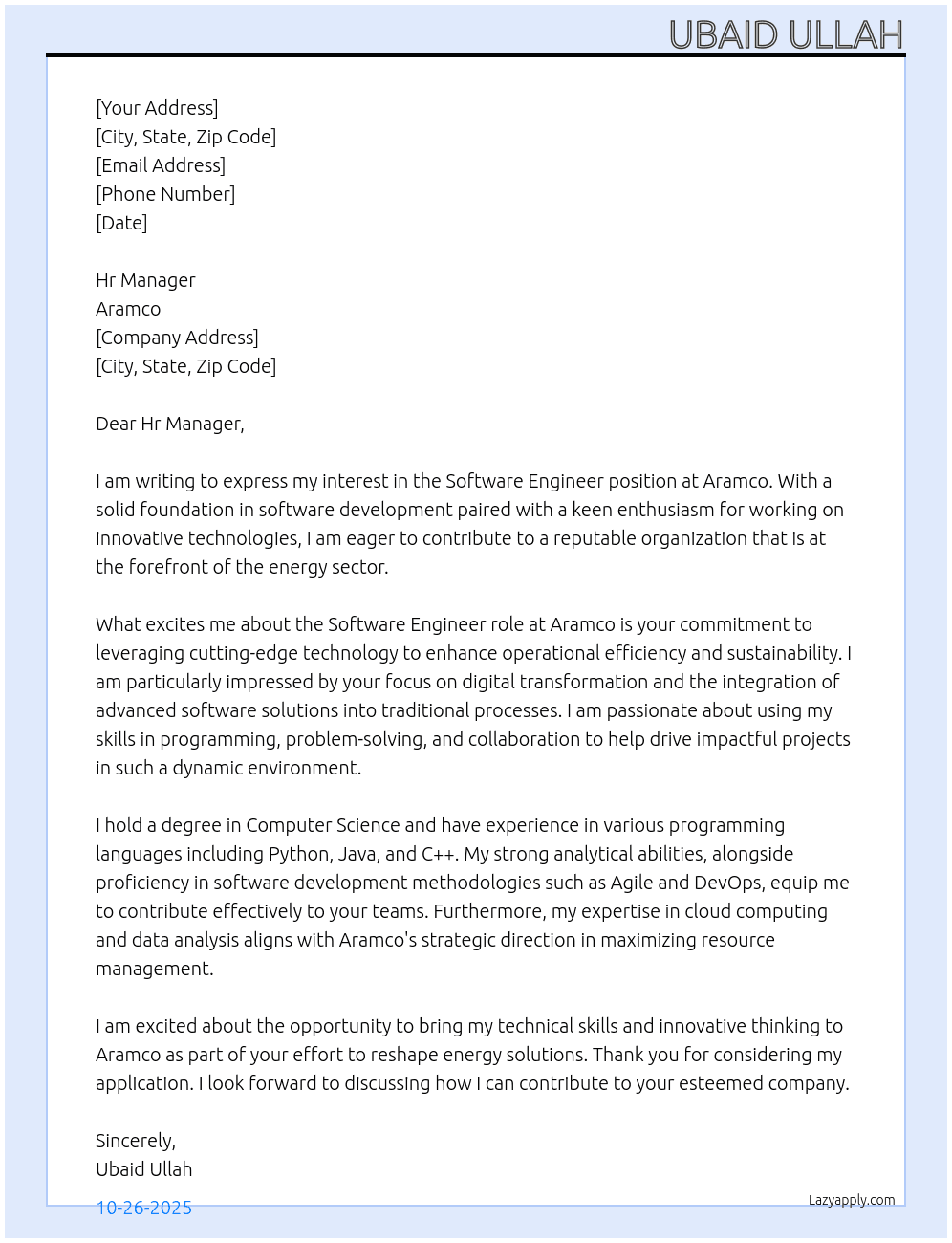 Software engineer At Aramco Cover Letter