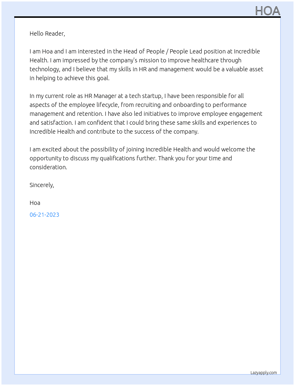 Head of People / People Lead At Incredible Health Cover Letter
