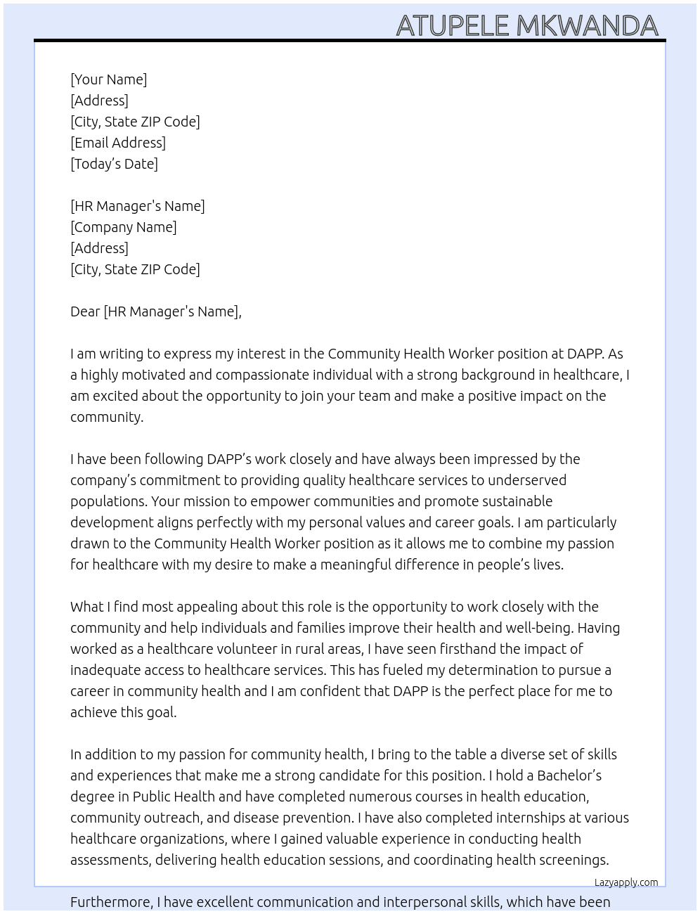 community health worker  At DAPP Cover Letter