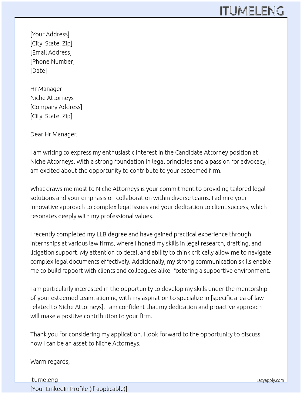 Candidate Attorney  At Niche attorneys Cover Letter
