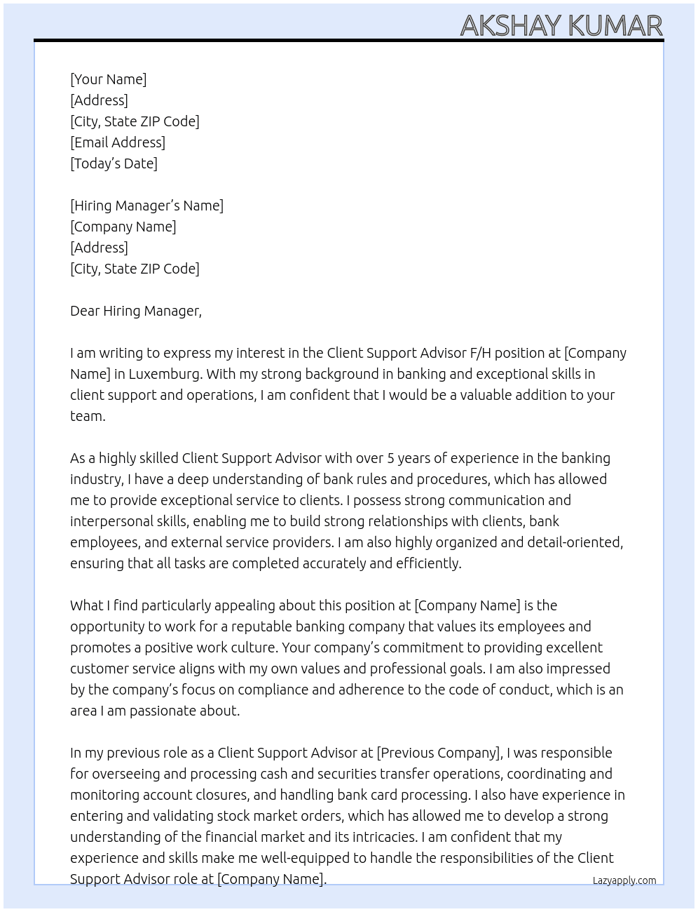 Client support advisor F/H At Banking Company Cover Letter