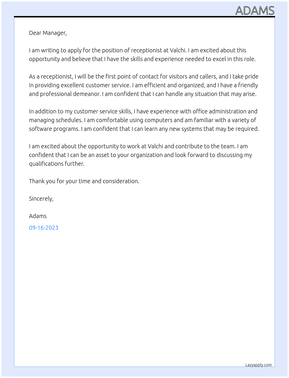 Receptionist  At Valchi  Cover Letter