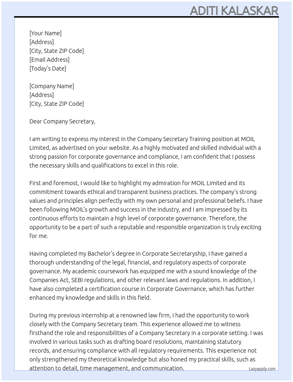 company secretary training At MOIL Limited Cover Letter