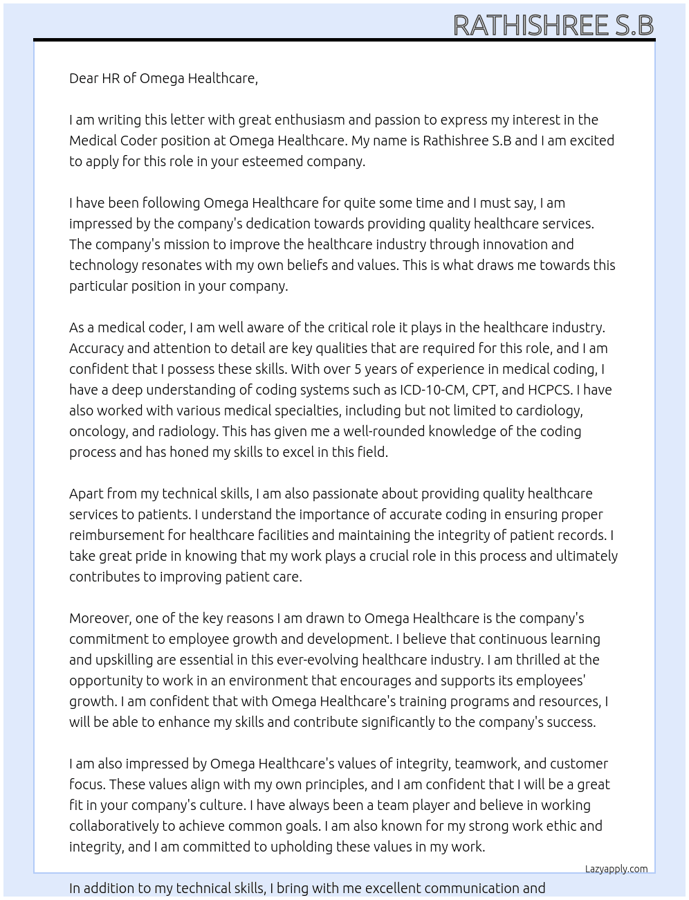Medical coder  At Omega healthcare  Cover Letter