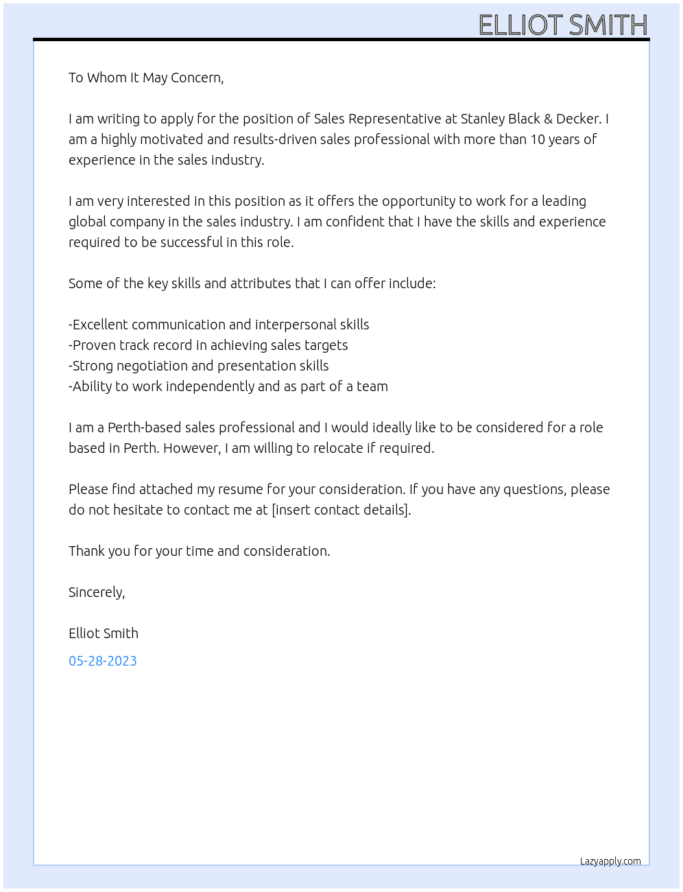 Sales Representative At Stanley Black & Decker Cover Letter