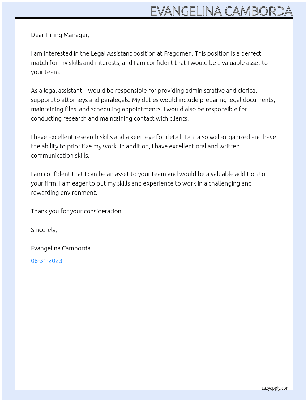 Legal Assistant  At Fragomen Cover Letter