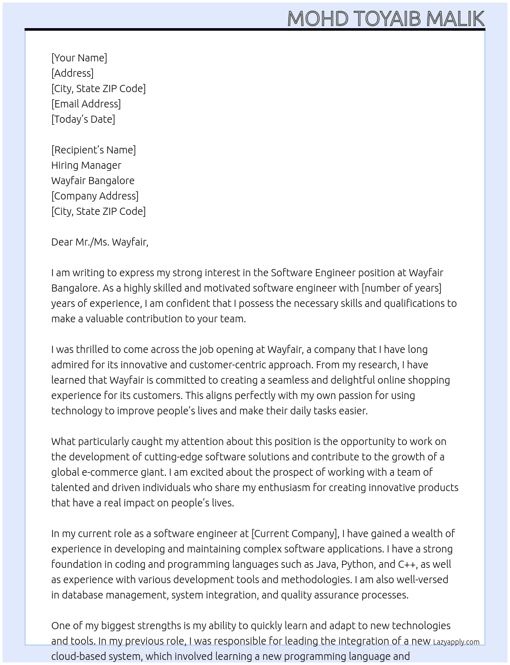 software engineer At Wayfair Bangalore Cover Letter