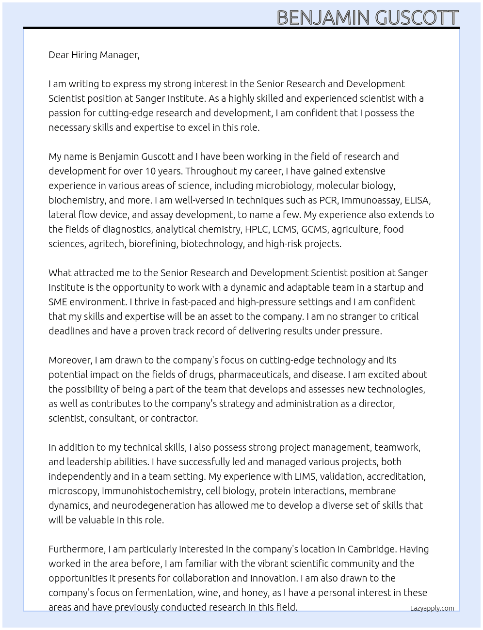 Senior Research and Development Scientist At Sanger Institute Cover Letter