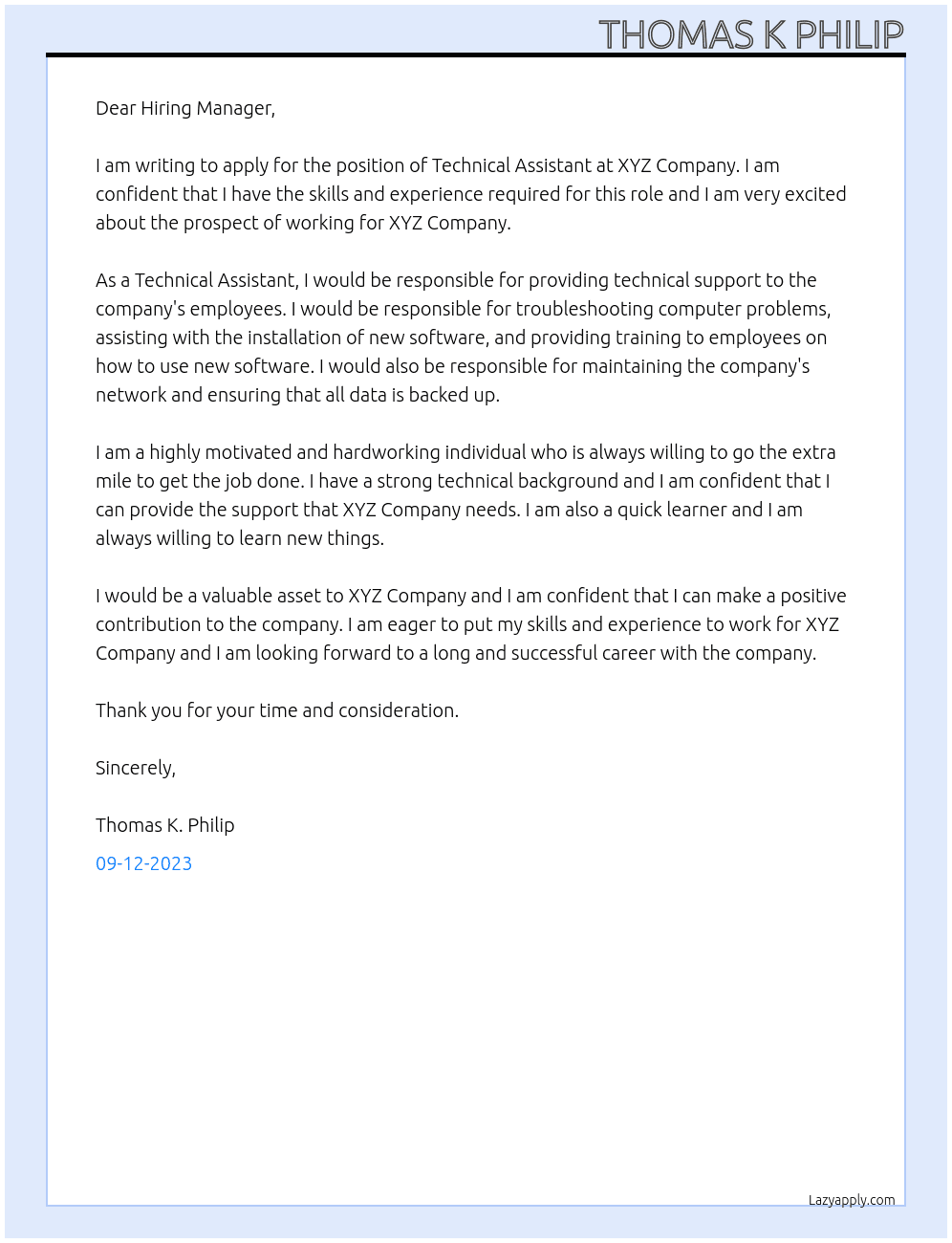 Technical Assistant At . Cover Letter