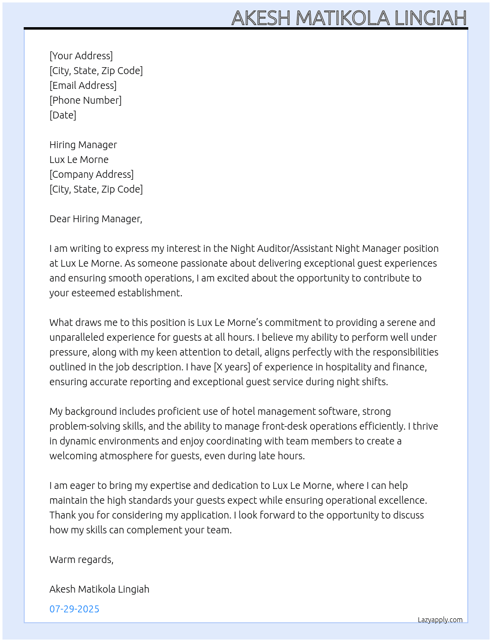 Night auditor/ Assistant Night Manager  At Lux Le Morne Cover Letter