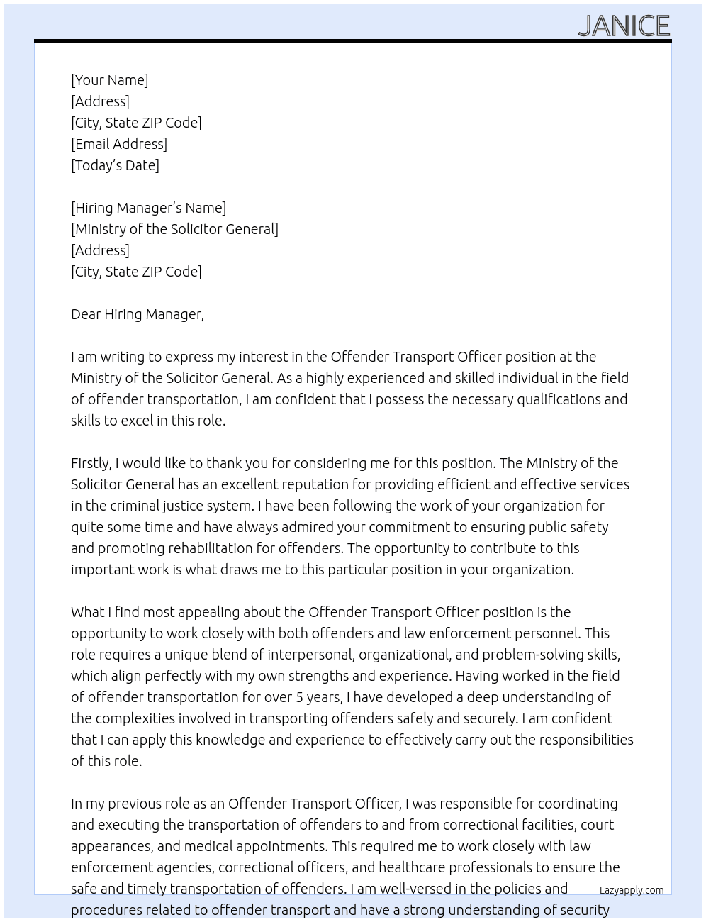 Offender transport officer  At Ministry of the solicitor general  Cover Letter