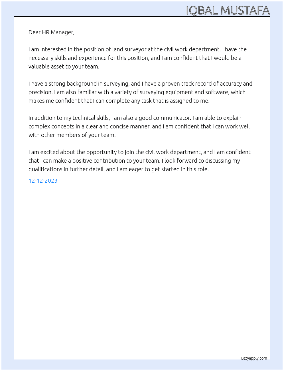 land surveyor At civil work department Cover Letter