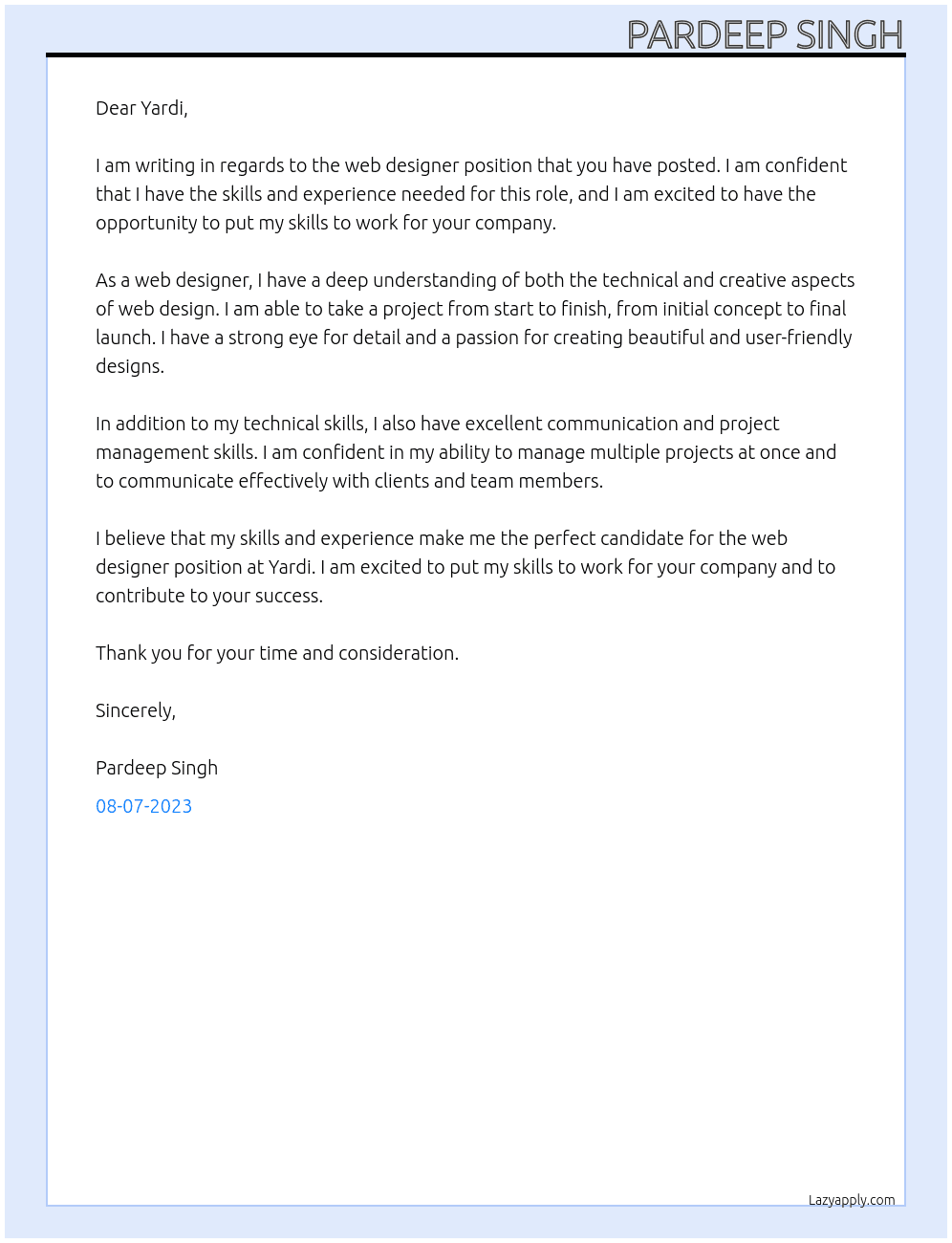 Web Designer At Yardi Cover Letter