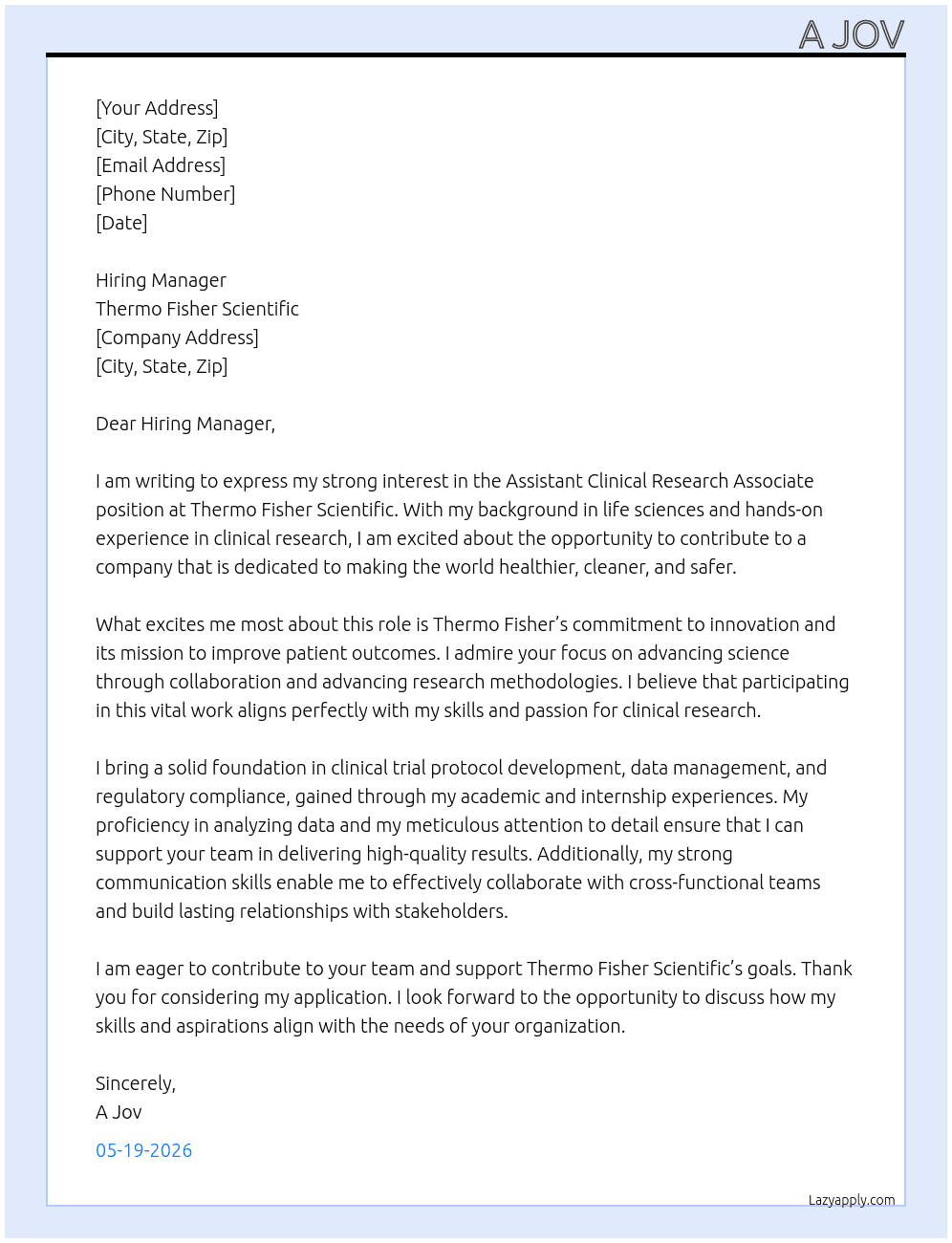 Assistant Clinical Research Associate At Thermo Fisher Scientific Cover Letter