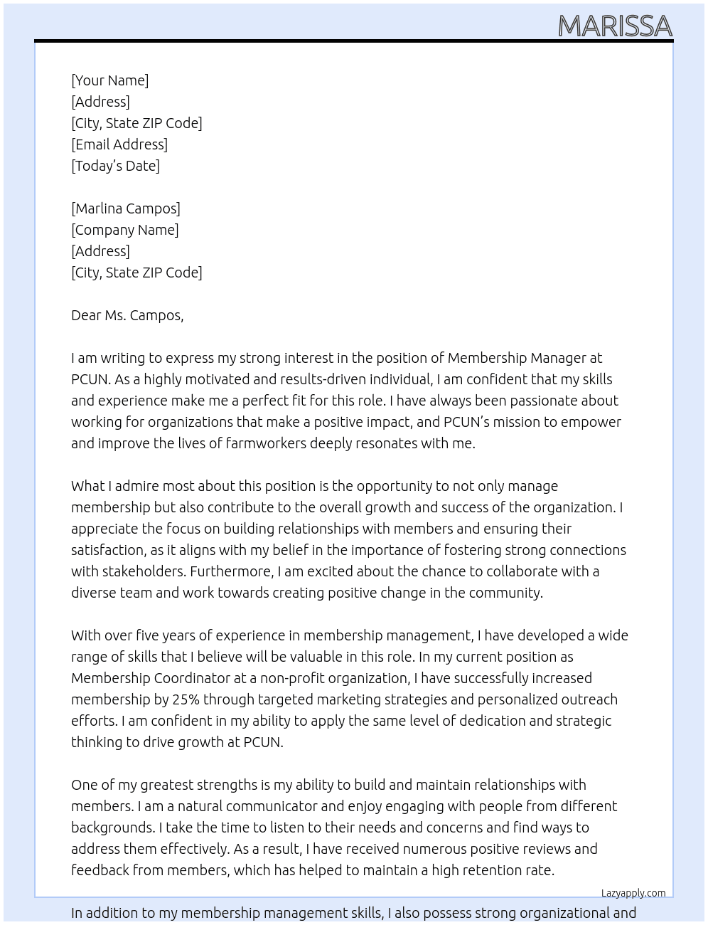 Membership Manager At PCUN Cover Letter