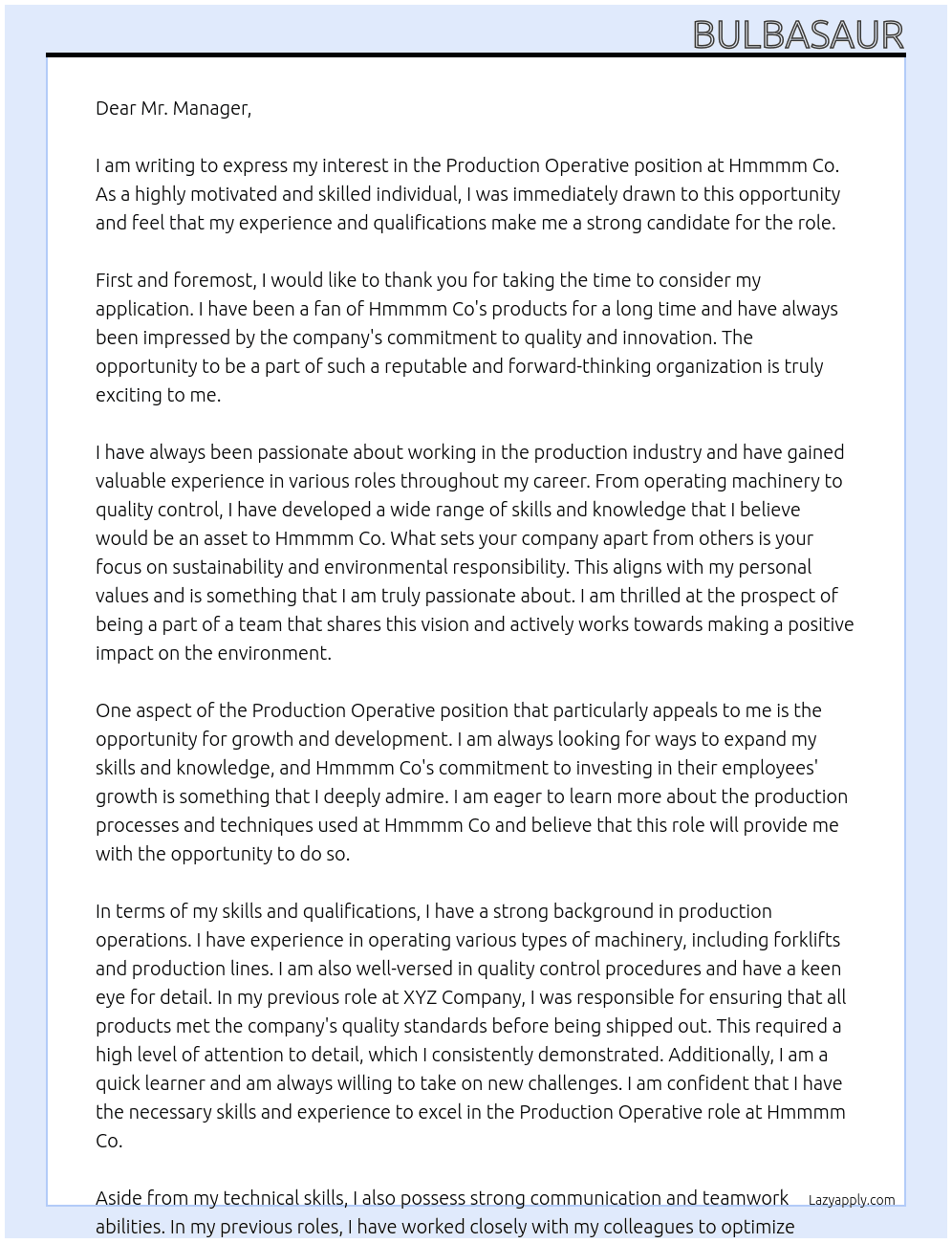 Production Operative At Hmmmm Co Cover Letter