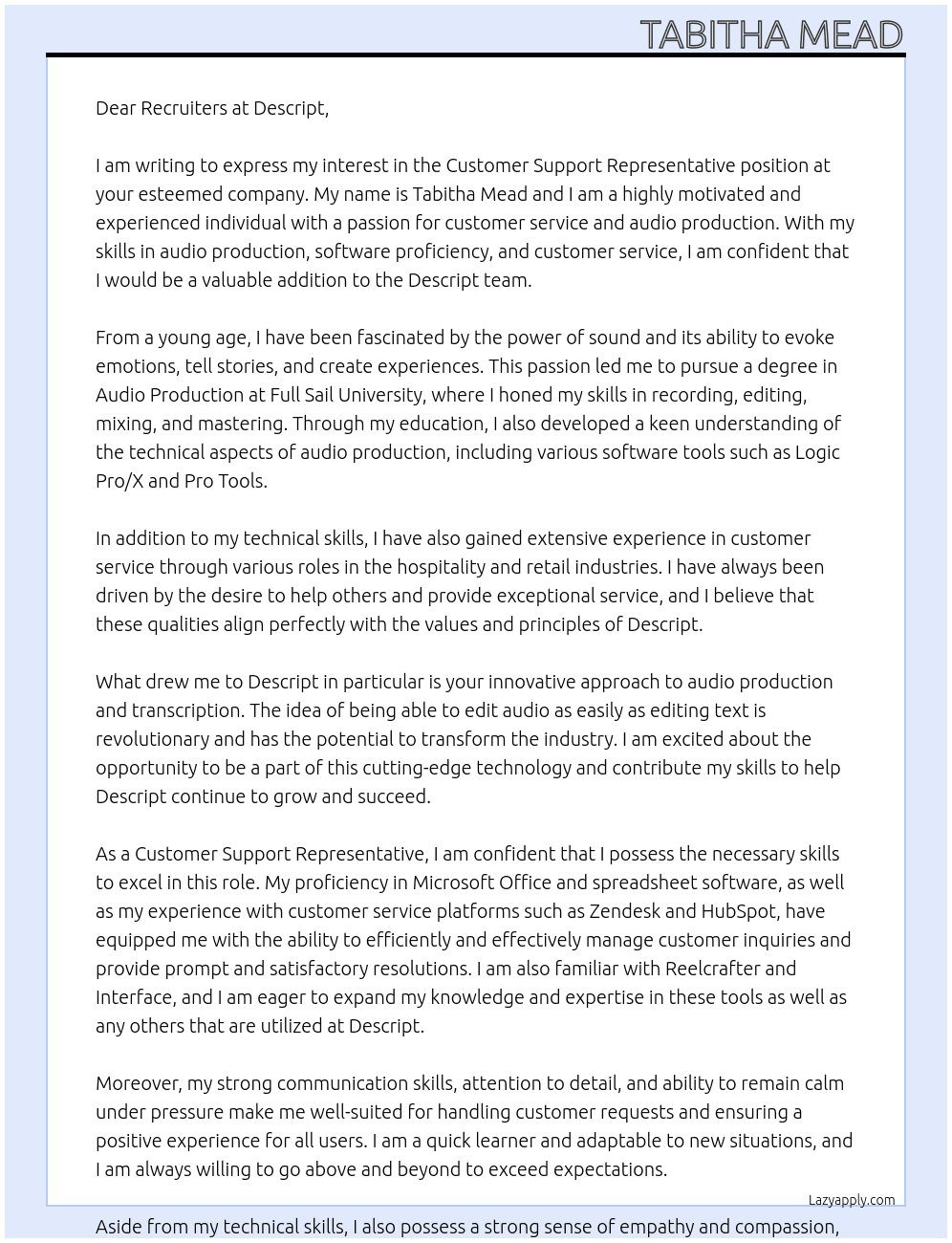 Customer Support Representative At Descript Cover Letter