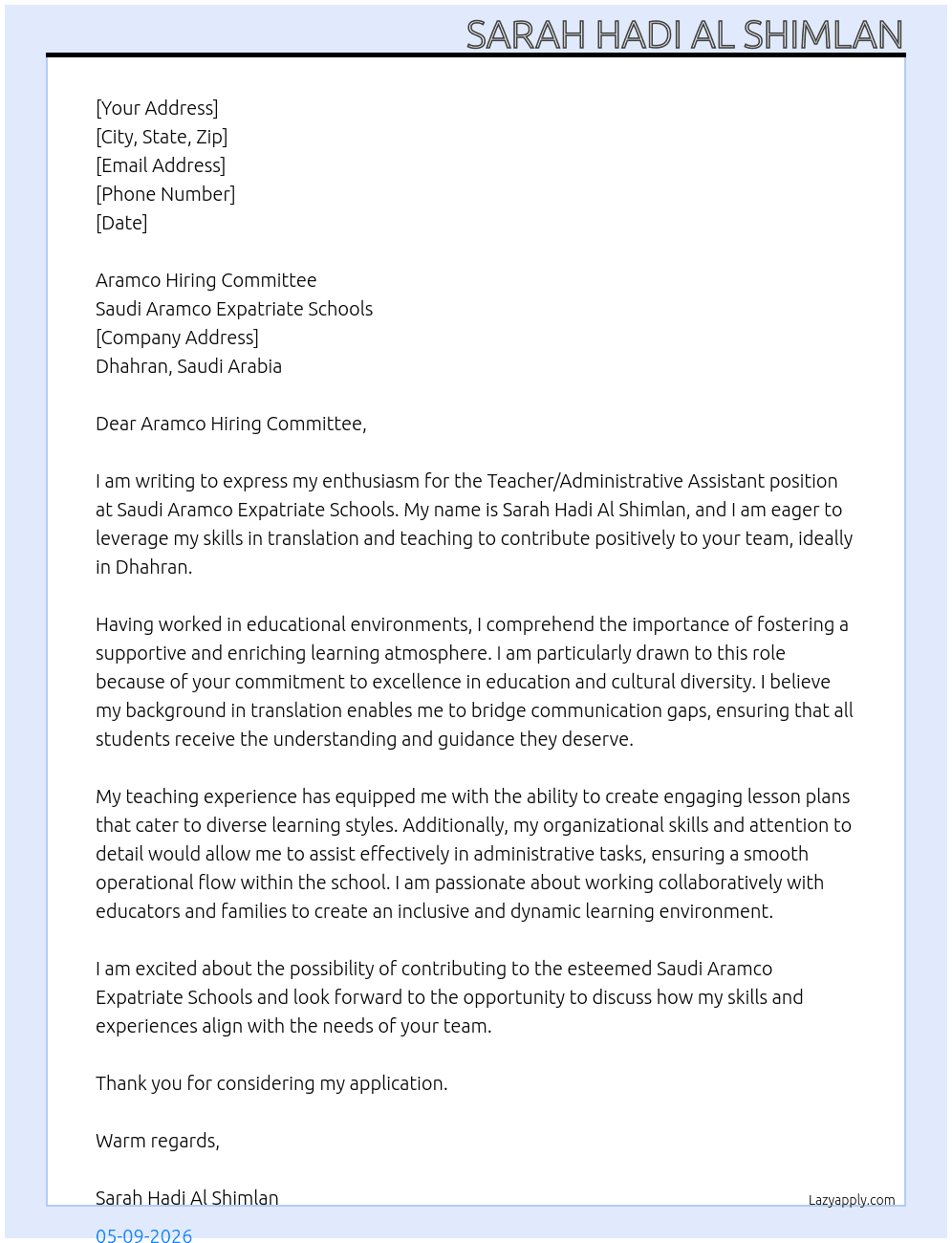 Cover letter for teacher / administrative assistant - LazyApply