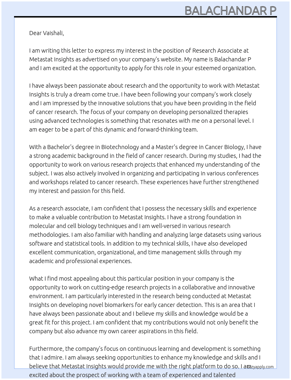 Research Associate At Metastat Insights Cover Letter