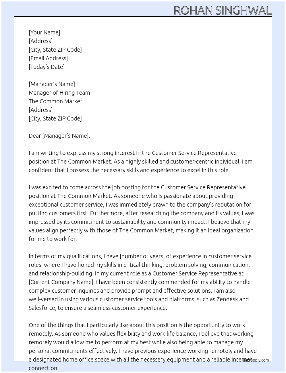 Customer service representative At The common market Cover Letter