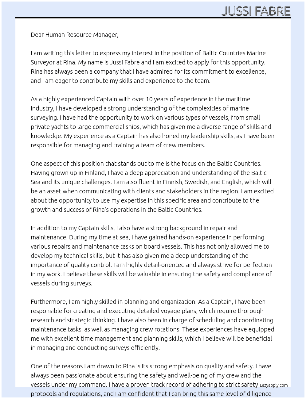 Baltic Countries Marine Surveyor At Rina  Cover Letter
